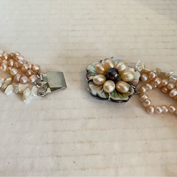 Freshwater Pearl Multistrand Necklace Abalone Shell Flower Clasp Sterling Silver - Picture 14 of 16